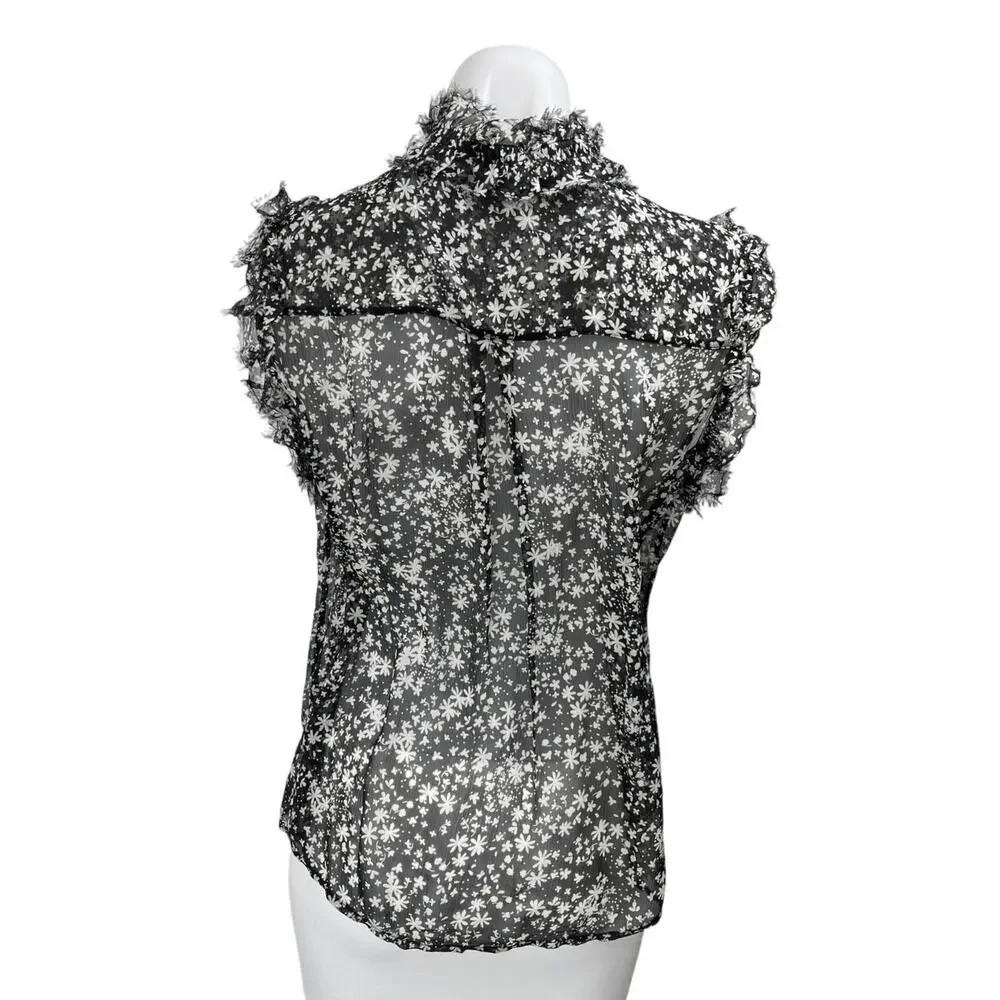 7 For All Mankind Black Floral Ruffle Sleeveless Button Sheer Cami Blouse Top XS - Picture 2 of 4